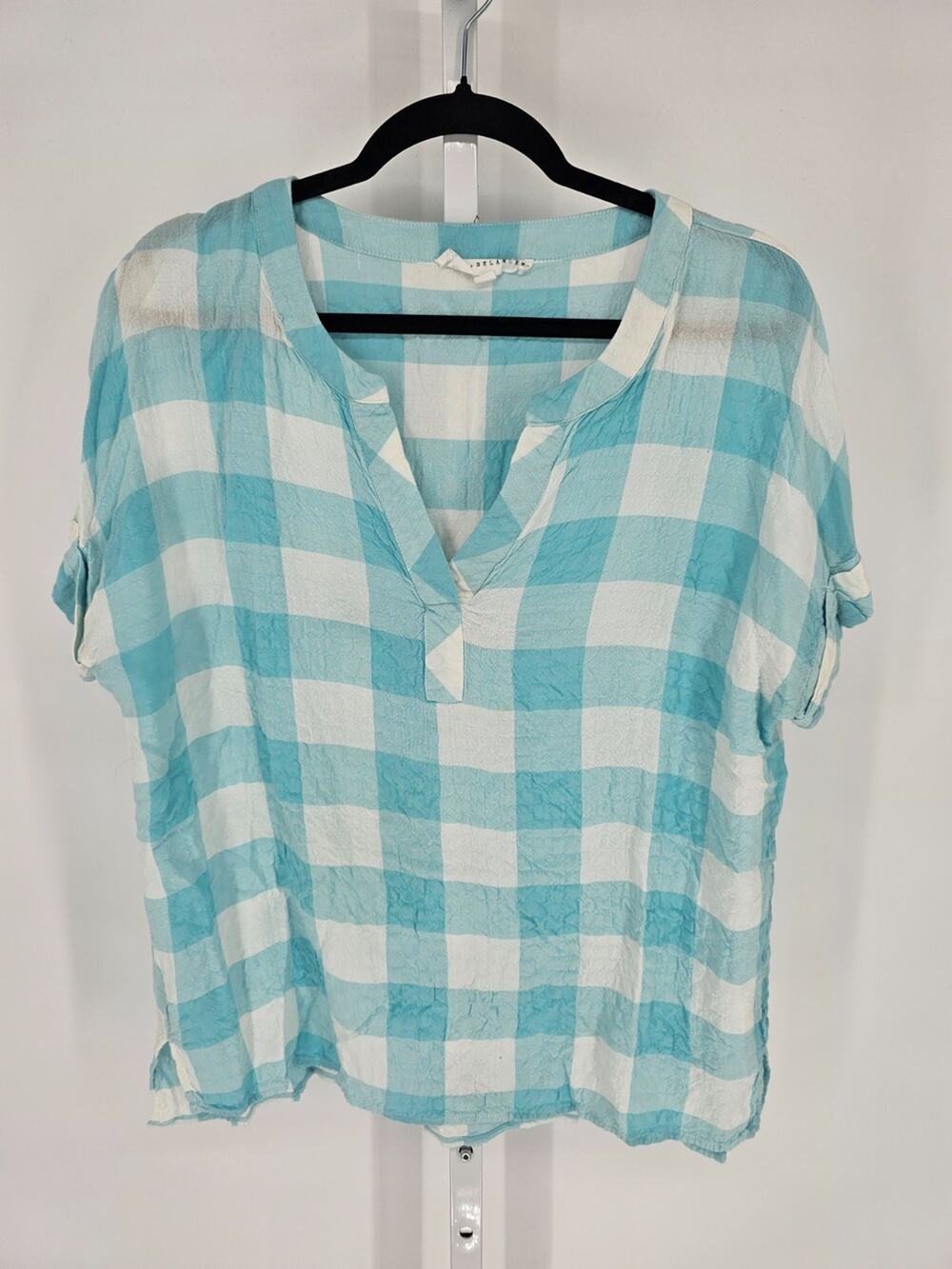 Jane + Delancey Womens Sz M Short Sleeve Gingham Plaid Top Bright Blue